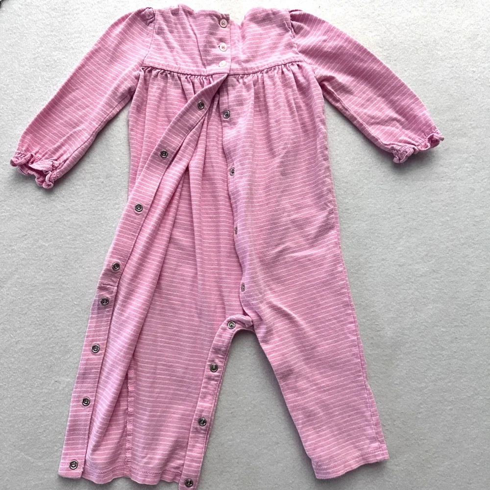 Ralph Lauren Baby Girl 9M Striped Ruffle Cotton Coverall Romper Pink White Snap